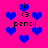 Pixelated icon with bright pink background, blue hearts, and black text elements including 'i', '<3', and 'pencil' arranged in repeating patterns.