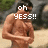 A shirtless muscular man in a beach setting with pixelated text overlays changing across frames.