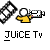 Pixelated icon shows a yellow-shirted figure holding a syringe-like object with colored segments, next to a black diamond-shaped symbol, with 'JUICE TV' text below.