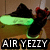Animated sequence of a black sneaker with green sole and red accents on brown background, text "AIR YEZZY" appears in lower-left.