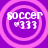 Four identical circular icons with pink concentric rings on a purple background, each displaying 'soccer' text and three heart symbols.