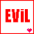 Red text 'EVIL' on white background with red border, pink pixel heart below; dog with fur pattern and dark eyes in adjacent