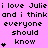 Pixelated text repeats 'i love Julie and i think everyone should know' with heart symbols on a pink background, displayed in three of identical phrases