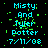 Pixelated cyan text on black background with green noise particles, displaying 'Misty And Tyler Potter 7/11/08' in two