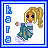 Pixel art of a blonde girl with blue eyes in a green dress, holding a brown object, next to blue vertical symbols on a white background with blue borders.