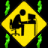 Animated contact sheet of yellow diamond-shaped warning signs with black stick figures at desks, surrounded by green pixelated clovers on a black background.