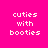 Pixelated text 'cuties with booties' repeated across a of pink and cyan blocks with varying background colors