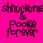 A static image with a bright pink background featuring repeated text "shnuckome & Pookie forever" in black pixelated font, scattered blue dots, and a solid gray rectangle in the bottom-right corner.