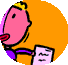 Animated cartoon character with pink face, yellow crown, purple shirt, and orange background holding a document that changes position.