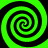Four identical green and black spiral patterns arranged in a on a black background, each spiral rotating clockwise with alternating green and black bands