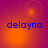 Four display the word 'delayna' in blue text over a gradient background shifting from orange to purple, with subtle circular light effects