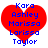 Red heart-shaped icon with blue text listing names Kara, Ashley, Marissa, Larissa, Taylor in pixelated font.