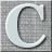 A static pixelated icon featuring a stylized letter C with light blue fill and dark gray outline on a gray checkered background.