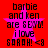 Red background with pink star and black text reading "barbie and ken are GEXM! i love SARAH! <9" in pixelated font.
