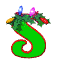 Green S-shaped figure with red outline, decorated with holly leaves and colored lights in blue, pink, yellow, and red.