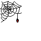 Black spider web with red droplet on gray background; four of identical static images arranged in pattern