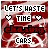 Pixelated icon with red and white background displaying text 'LET'S WASTE TIME CHASING CARS.' Animated hearts change position across frames.
