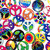 A dense of colorful, pixelated circular icons with varied patterns and symbols on a white background