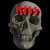 Static pixelated icon of a gray skull with red text "KISS" on its forehead against black background.
