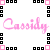 Pixelated pink cursive text 'Cassidy' appears on the left, with a black-and-white outlined version of the same text on the right, framed by alternating black and pink square borders.