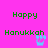 Green text 'Happy Hanukkah' on bright pink background with blue pixelated menorah animations.