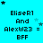 Pixelated cyan background with black text reading "Eliser1 And AlexW23 = BFF" and scattered light blue stars, with one frame showing "EliserT" instead of "Eliser1".