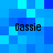 Four identical pixelated text instances of 'Gassie' arranged in a on a blue pixelated background with varying shades of blue