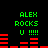 Green text 'ALEX ROCKS U !!!!' on black background with red horizontal bars, two identical static frames shown side-by-side.