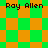 Green and orange checkered pattern with 'Roy Allen' text in four positions, transitioning from square to diamond shapes.