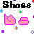 A 3x3 grid of pixelated animated frames showing clothing items with prices and "Back to school shopping" text, featuring shoes, pants, shirts, and price tags in bright colors.