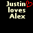 Pixelated text reads "Justin loves Alex" with a red heart symbol replacing the 'u' in Justin on the left side of the image.