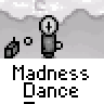 A 3x3 contact sheet of nine animated frames showing a pixelated character dancing with a lightbulb head, small cube-shaped object, and floating dots against a gray background.