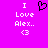 A bright pink background displays white pixelated text reading "I Love Alex.." with a heart symbol and a heart emoji below, with a black pixelated heart symbol above the text.