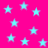 Bright pink background with scattered light blue stars of varying sizes, some appearing slightly blurred or pixelated.