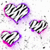 Three heart-shaped icons with black and white checkered patterns, outlined in purple and pink gradients on a pixelated background.