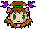 Pixel art contact sheet showing two animation frames of a cartoon character with brown hair, green eyes, pink cheeks, and animal ears wearing white-and-purple headgear against gray background.