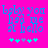 Pixelated blue text on bright pink background with cyan and purple star-like symbols below, showing animation change in symbol positions.