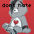 Pixelated gray bear with black hair and red heart on chest against red background, text overlays change across frames.