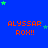 Blue background with orange text 'ALYSSAR ROH!!' repeated in a , green stars scattered throughout, and a gray rectangle in the bottom-right corner