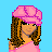 Pixelated image of a woman in pink attire with text phrases on a pink background, set against light blue.