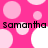 Pink background with light pink and white circles; black text "Samantha" repeated twice horizontally at top and bottom.
