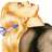 Pixelated vintage-style image of a woman with blonde hair and red lips, wearing a blue bow in her hair against a white background.