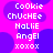 Pixelated text list on bright pink background with purple circles, displaying names and affectionate terms in white block letters.
