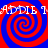 Four red and blue spiral patterns arranged in a with repeating text overlays, each pattern featuring alternating red and blue concentric spirals on a solid background