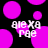 Pixelated image with black background and scattered bright pink circles, featuring white text 'alexa' above 'rae' in two identical sections.
