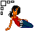 Pixel art contact sheet showing 8 frames of a single animated character in red top and blue pants with varying square indicators above her head.