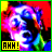 A 48x48 pixel animated buddy icon featuring a cartoon character with glowing blue and pink facial features against a red background, displaying two sequential frames of animation with text "AHH!" in the bottom-left corner.