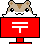 Pixel art of a hamster-like character with beige and white fur, black eyes, brown nose, and small ears peeking over a red monitor displaying a white symbol.