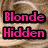 Pixelated text in bright pink with black outlines displays "Blonde Hidden" on the left and "In A Brunettes Body" on the right against textured backgrounds.