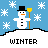 Pixel art contact sheet showing two animated frames of a snowman icon with